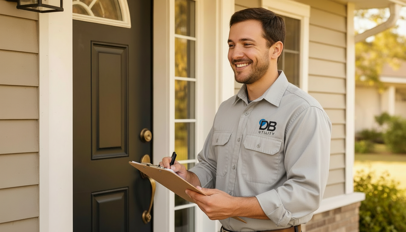 Friendly utility technician at a residential door